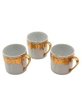 Vintage Porcelain Cup Set Of 3 Gold Handle & Grape Leaf Pattern Signed WM Sharp